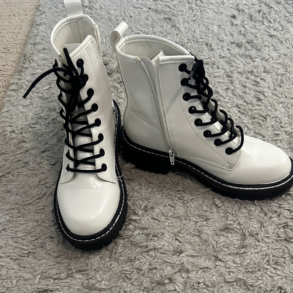White faux leather chunky ankle combat boots